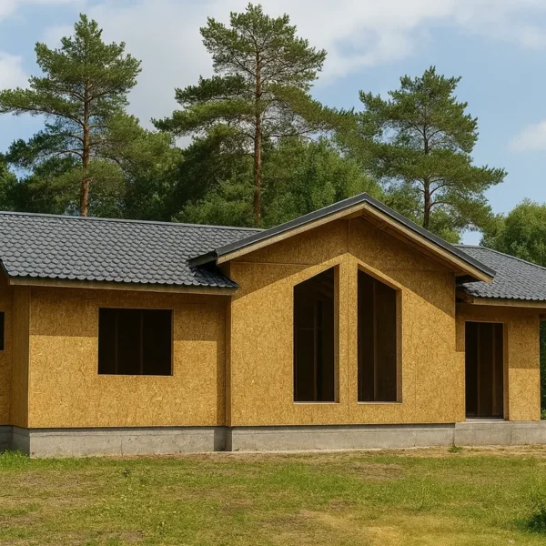 Дом «В-89», 89 м², 1 этаж, в черновой отделке: коробка из СИП-панелей OSB-3, двускатная кровля из металлочерепицы, проёмы без окон и дверей