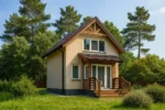 Проект дома «В-90» из СИП-панелей, 90 м² — двухэтажный дом с бежевым фасадом, коричневой крышей и крыльцом | HotWell.KZ