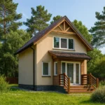 Проект дома «В-90» из СИП-панелей, 90 м² — двухэтажный дом с бежевым фасадом, коричневой крышей и крыльцом | HotWell.KZ