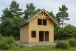 Дом «В-90», 90 м², 1.5 этажа, в черновой отделке: коробка из СИП-панелей OSB-3, двускатная кровля из металлочерепицы, проёмы без окон и дверей, в проёмах видны сосновые балки перекрытия