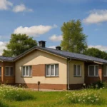 Проект дома «В-93» из СИП-панелей, 93 м² — одноэтажный дом с бежевым фасадом, серой крышей и террасой | HotWell.KZ