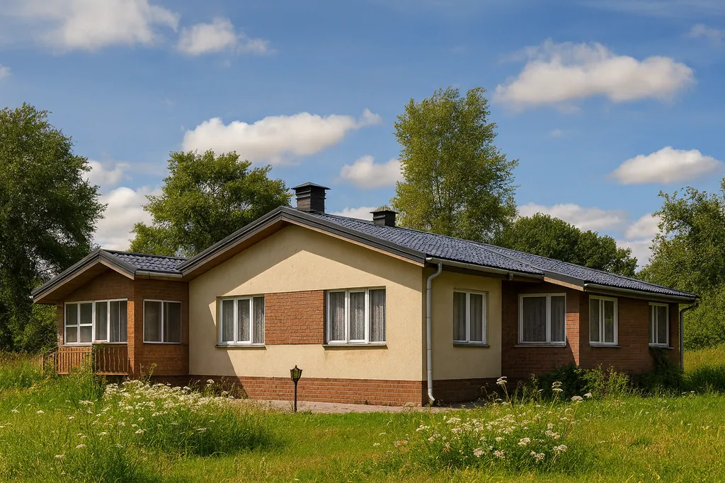 Проект дома «В-93» Проект дома «В-93» из СИП-панелей, 93 м² — одноэтажный дом с бежевым фасадом, серой крышей и террасой | HotWell.KZ