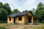 Дом «В-93Б», 93 м², 1 этаж, в черновой отделке: коробка из СИП-панелей OSB-3, двускатная кровля из металлочерепицы, проёмы без окон и дверей
