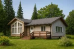 Проект дома «В-94» из СИП-панелей, 94 м² — одноэтажный дом с бежевым фасадом, серой крышей и панорамными окнами | HotWell.KZ