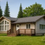 Проект дома «В-94» из СИП-панелей, 94 м² — одноэтажный дом с бежевым фасадом, серой крышей и панорамными окнами | HotWell.KZ