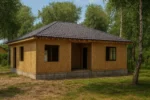Дом «В-95», 95 м², 1 этаж, в черновой отделке: коробка из СИП-панелей OSB-3, вальмовая кровля из металлочерепицы, проёмы без окон и дверей