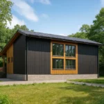 Проект дома «В-98» из СИП-панелей, 98 м² — двухэтажный дом с черным фасадом, серой крышей и панорамными окнами | HotWell.KZ