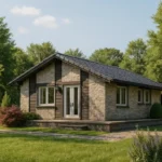 Проект дома «В-99Б» из СИП-панелей, 99 м² — одноэтажный дом с каменным фасадом и серой крышей | HotWell.KZ