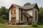 Проект дома «Я-108» из СИП-панелей, 108 м² — двухэтажный дом с бежевым фасадом, серой крышей и террасой | HotWell.KZ