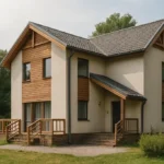 Проект дома «Я-108» из СИП-панелей, 108 м² — двухэтажный дом с бежевым фасадом, серой крышей и террасой | HotWell.KZ