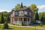 Проект дома «Я-150» из СИП-панелей, 150 м² — двухэтажный дом с коричневым фасадом, белыми рамами и крытой террасой | HotWell.KZ