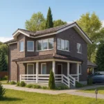 Проект дома «Я-150» из СИП-панелей, 150 м² — двухэтажный дом с коричневым фасадом, белыми рамами и крытой террасой | HotWell.KZ
