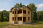Дом «Я-150», 150 м², 2 этажа, в черновой отделке: коробка из СИП-панелей OSB-3, двускатная кровля из металлочерепицы, проёмы без окон и дверей, в проёмах видны сосновые балки перекрытия