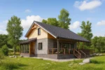 Проект дома «Я-150Б» из СИП-панелей, 150 м² — двухэтажный дом с серым фасадом, черной крышей и террасой | HotWell.KZ