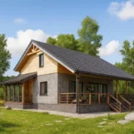 Проект дома «Я-150Б» из СИП-панелей, 150 м² — двухэтажный дом с серым фасадом, черной крышей и террасой | HotWell.KZ
