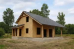 Дом «Я-150Б», 150 м², 1.5 этажа, в черновой отделке: коробка из СИП-панелей OSB-3, двускатная кровля из металлочерепицы, проёмы без окон и дверей, в проёмах видны сосновые балки перекрытия
