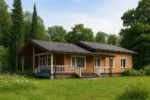 Проект дома «Я-152» из СИП-панелей, 152 м² — одноэтажный дом с деревянным фасадом, черной крышей и террасой | HotWell.KZ