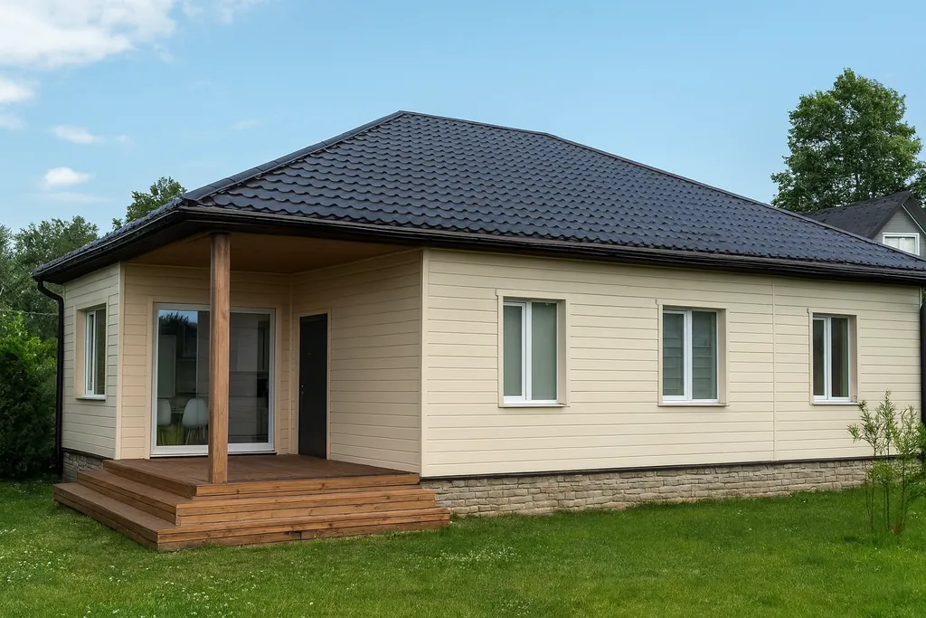 Проект дома «Я-152» из СИП-панелей, 152 м² — одноэтажный дом с бежевым фасадом, черной крышей и крытым крыльцом | HotWell.KZ