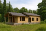 Дом «Я-152», 152 м², 1.5 этажа, в черновой отделке: коробка из СИП-панелей OSB-3, двускатная кровля из металлочерепицы, проёмы без окон и дверей, в проёмах видны сосновые балки перекрытия