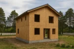 Дом «Я-153», 153 м², 2 этажа, в черновой отделке: коробка из СИП-панелей OSB-3, двускатная кровля из металлочерепицы, проёмы без окон и дверей, в проёмах видны сосновые балки перекрытия