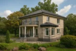 Проект дома «Я-182» из СИП-панелей, 182 м² — двухэтажный дом с бежевым фасадом, черной крышей и балконом | HotWell.KZ