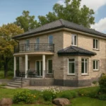 Проект дома «Я-182» из СИП-панелей, 182 м² — двухэтажный дом с бежевым фасадом, черной крышей и балконом | HotWell.KZ