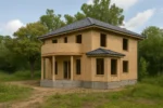 Дом «Я-182», 182 м², 2 этажа, в черновой отделке: коробка из СИП-панелей OSB-3, вальмовая кровля из металлочерепицы, проёмы без окон и дверей, в проёмах видны сосновые балки перекрытия