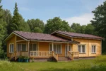 Проект дома «Я-190» из СИП-панелей, 190 м² — одноэтажный дом с жёлтым фасадом, коричневой крышей и террасой | HotWell.KZ