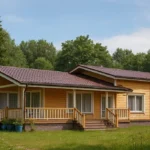 Проект дома «Я-190» из СИП-панелей, 190 м² — одноэтажный дом с жёлтым фасадом, коричневой крышей и террасой | HotWell.KZ