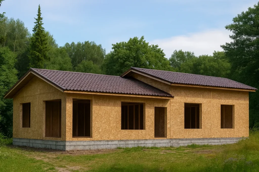 Дом «Я-190», 190 м², 1,5 этажа, в черновой отделке: коробка из СИП-панелей OSB-3, двускатная кровля из металлочерепицы, проёмы без окон и дверей, в проёмах видны сосновые балки перекрытия