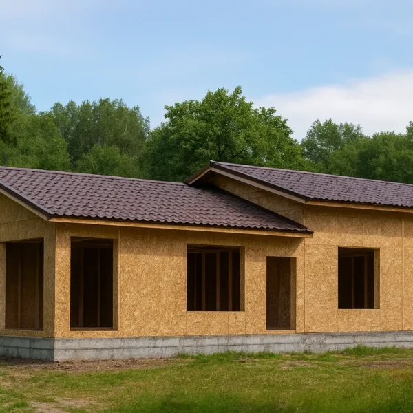 Дом «Я-190», 190 м², 1,5 этажа, в черновой отделке: коробка из СИП-панелей OSB-3, двускатная кровля из металлочерепицы, проёмы без окон и дверей, в проёмах видны сосновые балки перекрытия