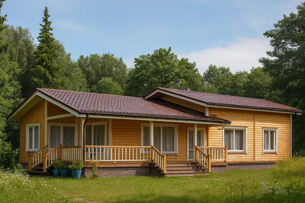 Проект дома «Я-190» из СИП-панелей, 190 м² — одноэтажный дом с жёлтым фасадом, коричневой крышей и террасой | HotWell.KZ