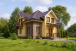 Проект дома «Я-225» из СИП-панелей, 225 м² — двухэтажный дом с жёлтым фасадом, коричневой крышей и балконом | HotWell.KZ