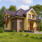 Проект дома «Я-225» из СИП-панелей, 225 м² — двухэтажный дом с жёлтым фасадом, коричневой крышей и балконом | HotWell.KZ