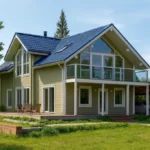Проект дома «Я-237» из СИП-панелей, 237 м² — двухэтажный дом с зелёным фасадом, синей крышей и балконом | HotWell.KZ