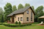 Проект дома «Ю-150» из СИП-панелей, 150 м² — двухэтажный дом с бежевым фасадом, серой крышей и крытым крыльцом | HotWell.KZ
