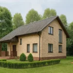 Проект дома «Ю-150» из СИП-панелей, 150 м² — двухэтажный дом с бежевым фасадом, серой крышей и крытым крыльцом | HotWell.KZ