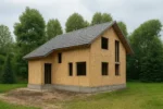 Дом «Ю-150», 150 м², 1.5 этажа, в черновой отделке: коробка из СИП-панелей OSB-3, двускатная кровля из металлочерепицы, проёмы без окон и дверей, в проёмах видны сосновые балки перекрытия