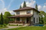 Проект дома «Ю-160» из СИП-панелей, 160 м² — двухэтажный дом с бежевым фасадом, коричневой крышей и террасой | HotWell.KZ