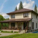 Проект дома «Ю-160» из СИП-панелей, 160 м² — двухэтажный дом с бежевым фасадом, коричневой крышей и террасой | HotWell.KZ