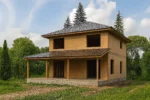 Дом «Ю-160», 160 м², 2 этажа, в черновой отделке: коробка из СИП-панелей OSB-3, вальмовая кровля из металлочерепицы, проёмы без окон и дверей, в проёмах видны сосновые балки перекрытия