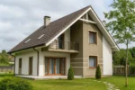 Проект дома «Ю-168» из СИП-панелей, 168 м² — двухэтажный дом с белым фасадом, коричневой крышей и балконом | HotWell.KZ