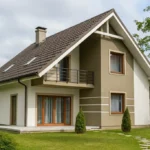 Проект дома «Ю-168» из СИП-панелей, 168 м² — двухэтажный дом с белым фасадом, коричневой крышей и балконом | HotWell.KZ