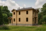 Дом «Ю-187», 187 м², 2 этажа, в черновой отделке: коробка из СИП-панелей OSB-3, вальмовая кровля из металлочерепицы, проёмы без окон и дверей, в проёмах видны сосновые балки перекрытия