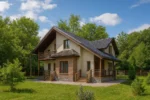 Проект дома «Ю-204» из СИП-панелей, 204 м² — двухэтажный дом с бежевым фасадом, серой крышей и балконом | HotWell.KZ