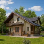 Проект дома «Ю-204» из СИП-панелей, 204 м² — двухэтажный дом с бежевым фасадом, серой крышей и балконом | HotWell.KZ