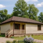 Проект дома «Ю-99» из СИП-панелей, 99 м² — одноэтажный дом с бежевым фасадом, коричневой крышей и крыльцом | HotWell.KZ