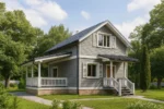 Проект дома «З-104» из СИП-панелей, 104 м² — двухэтажный дом с серым фасадом, черной крышей и террасой | HotWell.KZ