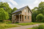 Проект дома «З-108» из СИП-панелей, 108 м² — двухэтажный дом с бежевым фасадом, серой крышей и крытым крыльцом | HotWell.KZ