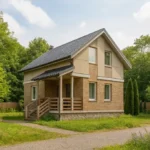 Проект дома «З-108» из СИП-панелей, 108 м² — двухэтажный дом с бежевым фасадом, серой крышей и крытым крыльцом | HotWell.KZ
